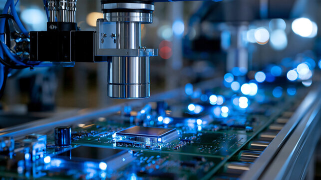 Elegant photo of Automated robotic inspection system scanning electronic circuit boards on a factory assembly line. High-tech manufacturing concept for semiconductor industry.