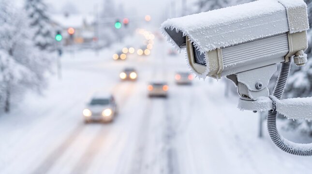 Winter road monitoring camera recording traffic