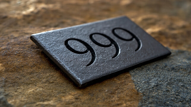 Elegant photo of Number 999 engraved on a textured dark stone plaque resting on a rocky surface. This elegant signage piece represents spiritual perfection or numeric concepts.