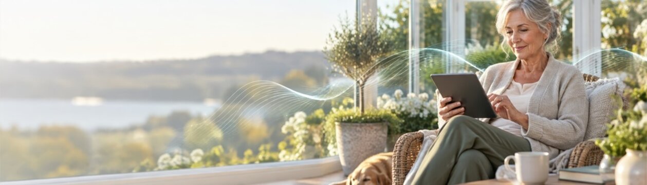 Senior woman using digital tablet device relaxing in sunroom with pet dog and view of lake scenic landscape background imagery