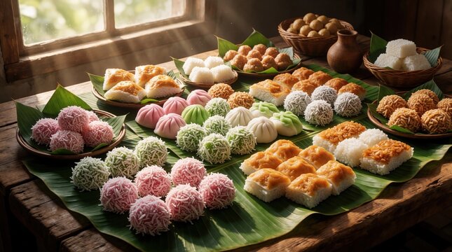 Assorted traditional Javanese snacks served on green banana leaves. Colorful Indonesian kue jajanan pasar includes sweet rice cakes, coconut balls, steamed treats. Tasty Asian desserts displayed on