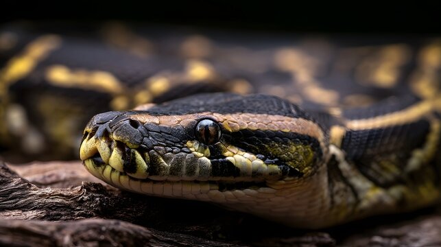 Close up of a python s head with detailed scales and striking black and yellow patterns resting on textured wood