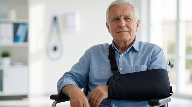 Senior man sits in wheelchair wearing black shoulder immobilizer sling. Elderly patient recovers from arm injury surgery in medical clinic. Retired male patient needs mobility aid, orthopedic support