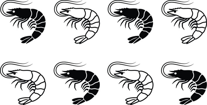 Black and white shrimp arranged in a grid pattern on a white background representing seafood or marine life silhouettes