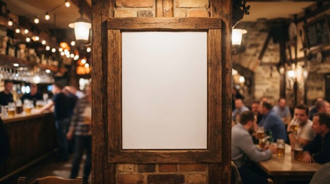 Blank vertical poster hanging in rustic wooden frame inside a crowded cozy bar restaurant with warm atmospheric lighting