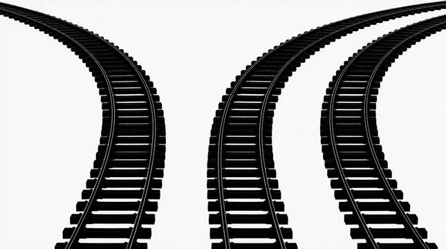 Minimalist black, white illustration shows two curved railway tracks. Parallel railroad lines move through white space with strong perspective. Abstract graphic design features dark metal rails,