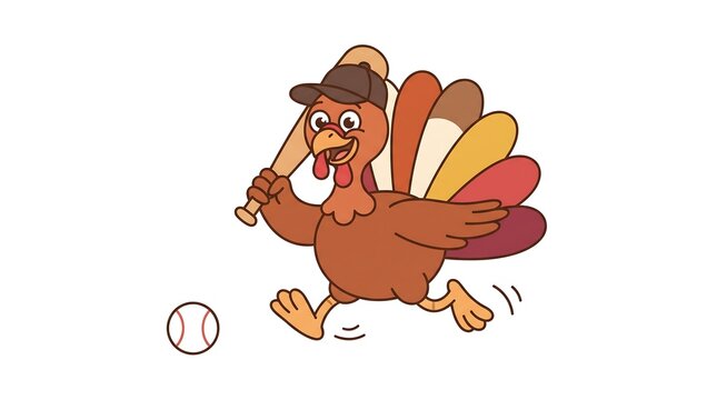Cartoon turkey wearing a baseball cap holding a bat and running during a thanksgiving holiday game with thanksgiving