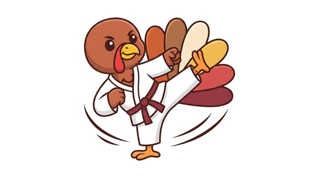 Fierce cartoon turkey performing a karate kick while wearing a martial arts uniform with thanksgiving