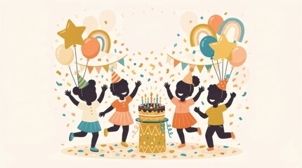 Fototapeta premium Kids at a birthday party have fun with cake and balloons as they celebrate with decorations in a lively atmosphere