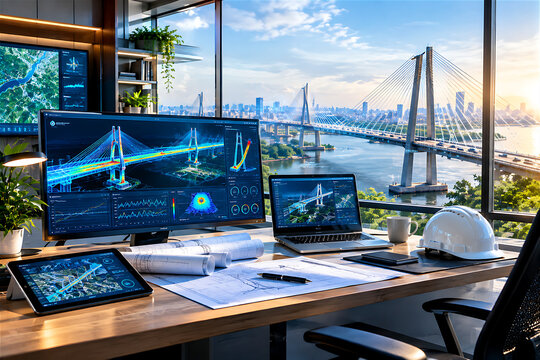 Engineer workstation with bridge structural analysis software