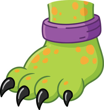 A cartoon illustration of a green monster foot with sharp black claws and a purple ankle band.