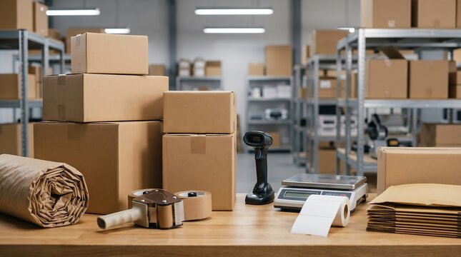 Preparing orders and packages for efficient shipment in a busy e-commerce warehouse, with various packaging materials and equipment on a wooden desk, ready for delivery