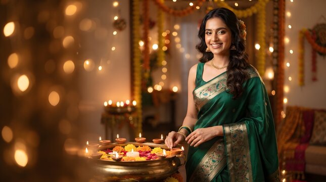 Stylish Indian Woman in Emerald Green Saree for Diwali Celebration