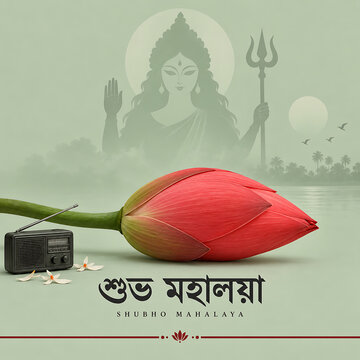 Red lotus bud with vintage radio and goddess silhouette representing mahalaya dawn traditions spiritual awakening and festive durga puja celebrations in bengal