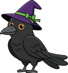 Obraz premium A cute cartoon crow wearing a purple witch hat for Halloween.