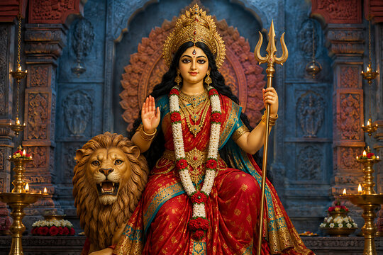 Majestic goddess durga seated beside lion holding golden trident in decorated temple for mahalaya devotion and traditional durga puja festival celebration worship