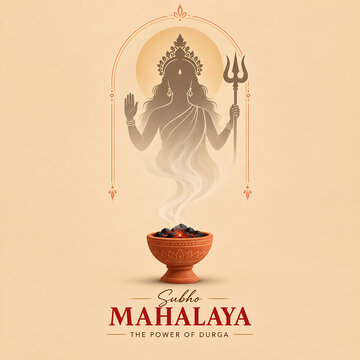 Minimal goddess durga silhouette rising from sacred incense bowl with trident during mahalaya representing divine power devotion and traditional durga puja worship