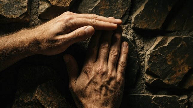 Man signals timeout with hands against textured stone wall. Gesture requests pause or break. Close up shows human body language communication indoors.