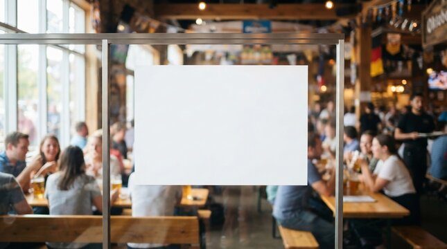 Empty white poster mockup hanging on glass partition in a crowded pub restaurant for advertisement and promotional menu display.