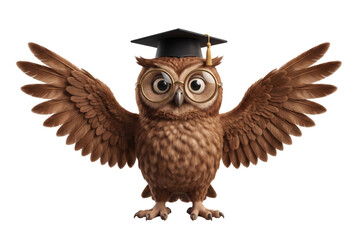 Obraz premium Wise owl figurine wearing graduation cap on transparent background, carved brown owl character with spread wings and scholar mortarboard. Academic symbol creates prestigious honors design banner.