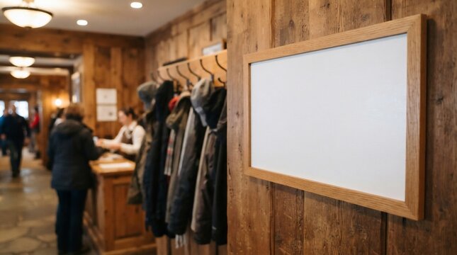 Empty wooden sign frame mockup on paneled wall at a restaurant coat check with blurred people and jackets background.