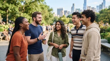 Obraz premium A group of five friends, two men and three women, are standing in a park, engaged in conversation.
