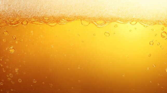 Golden beer gradient background with rising bubbles, frothy foam texture, warm amber tones, refreshing cold beverage atmosphere, soft highlights, commercial poster style, premium brewery concept