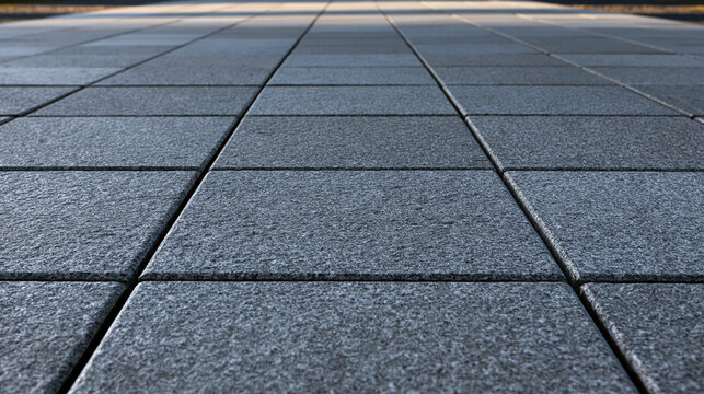Elegant photo of Low angle view of grey stone pavement tiles stretching into the distance. This textured ground surface is ideal for architectural design and construction concepts.