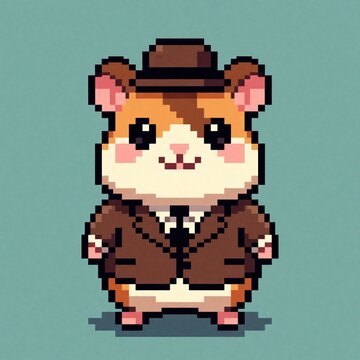 Pixel art hamster wears brown suit and hat, looking like cute business mascot. Character uses retro tech style, small rodent posing for game or card.