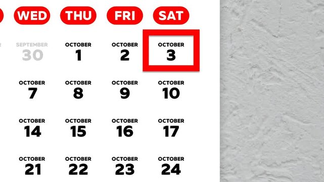 Red cursor highlighting October 3rd on a 2026 wall calendar page. United States calendar style, Sunday start week layout