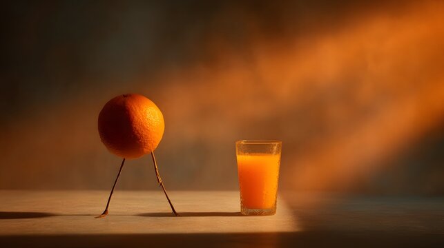 Whimsical orange character with legs standing next to a glass of orange juice on a wooden surface