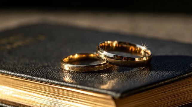 Elegant photo of Two golden wedding rings rest on a vintage leather-bound bible. This symbolizes Christian marriage commitment and religious union.