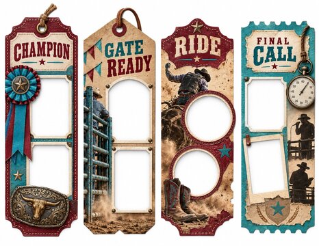 Four Western-themed rodeo scrapbook tags or bookmarks with cowboy motifs and photo frames.