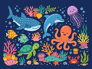 Fototapeta premium Vibrant Underwater Sea Animals Flat Design Illustration with Whale Shark Dolphin Octopus Turtle Jellyfish Fish and Colorful Coral Reef