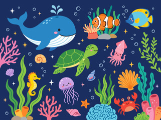 Obraz premium Whimsical Ocean Friends with Blue Whale Green Turtle Clownfish Seahorse Squid Jellyfish Crab and Tropical Reef Vector