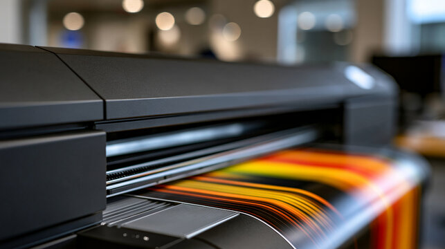 Elegant photo of Large format printer producing colorful graphic prints in a modern workshop. Perfect for professional commercial printing services and marketing material.
