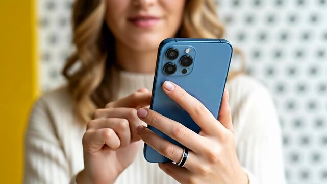 Woman holding smartphone with blue case in close up portrait with person using smartphone cover close shot portrait mode video person home screen electronic background with reflection