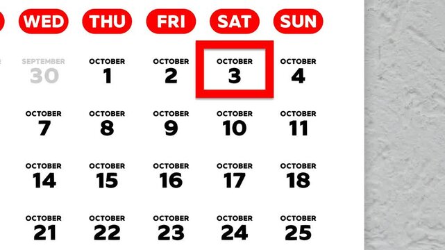 Red cursor highlighting October 3rd on a 2026 wall calendar page. European calendar style, Monday start week layout