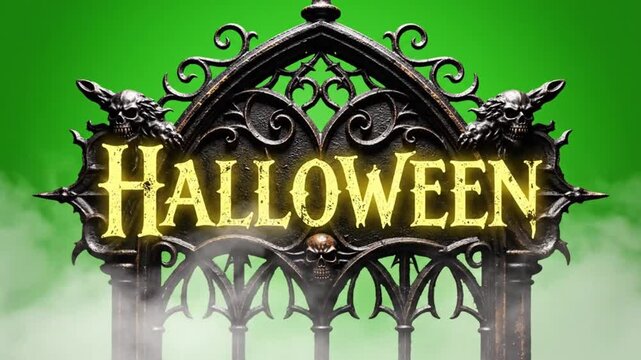 Spooky yellow halloween title in gothic archway frame green screen.