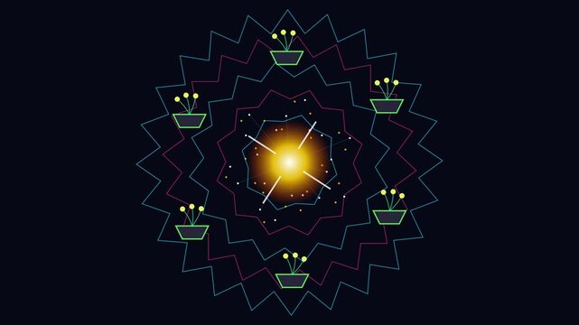 Geometric Flower Mandala with Glowing Center and Starburst Effect on Dark Background