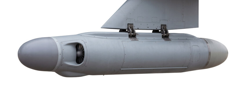 Aerospace supersonic missile fuselage pod on transparent background, streamlined aircraft drop tank with aerodynamic stabilizing tail fins. Military hardware delivers reliable delivery.
