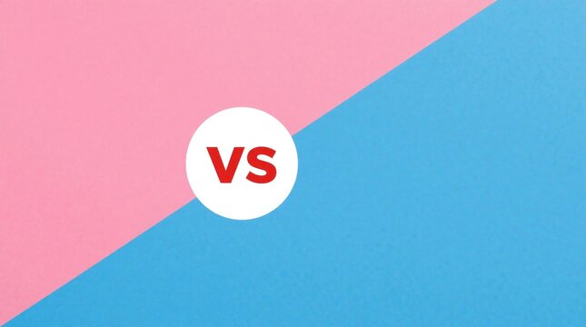 Pink, blue split screen background with VS text in white circle. Minimalist versus concept for comparison competition. Two different colors divide screen for versus battle, choice, duel decision