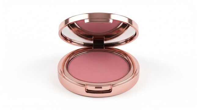Open rose gold compact case with pink powder blush isolated on a white background
