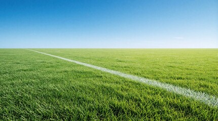 Obraz premium Vast green sports field under clear blue sky. White line marks boundary of empty grass pitch. Perfect backdrop for games or commercial use with abundant copy space.