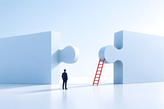 Red ladder bridging gap between puzzle pieces, business solution and connection concept