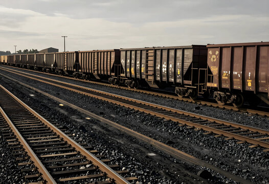 Supply chain logistics and freight transportation, long cargo train with empty hopper cars on industrial railway tracks for global trade and distribution