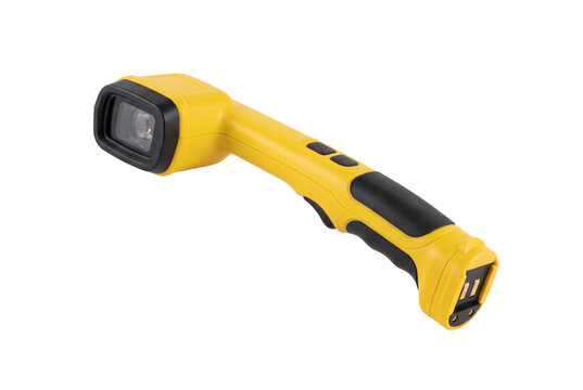 Yellow and black handheld barcode scanner on transparent background, ergonomic wireless optical code reader with trigger button and rubber grips. Commercial hardware delivers rapid verification.