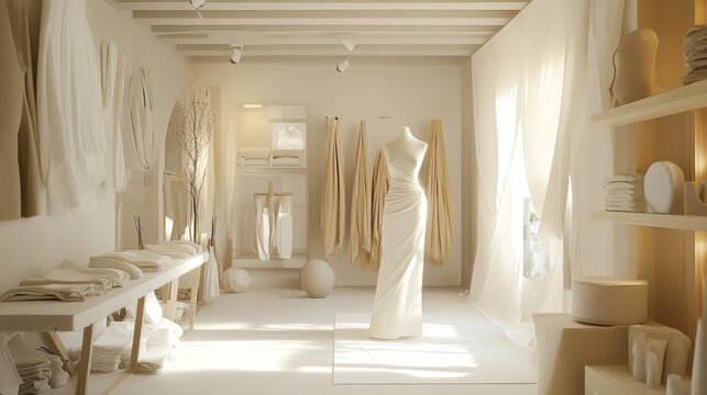 Elegant wedding dress on mannequin in bright atelier