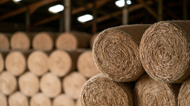 Rows of golden round straw bales inside barn, rural storage with soft light