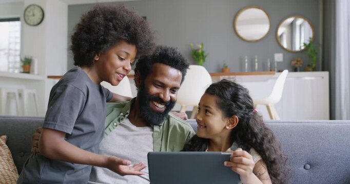 Father, children and talk in home with tablet, watch cartoon and entertainment for bonding together. Happy, African man and kids in living room with tech, streaming show or love quality time with dad